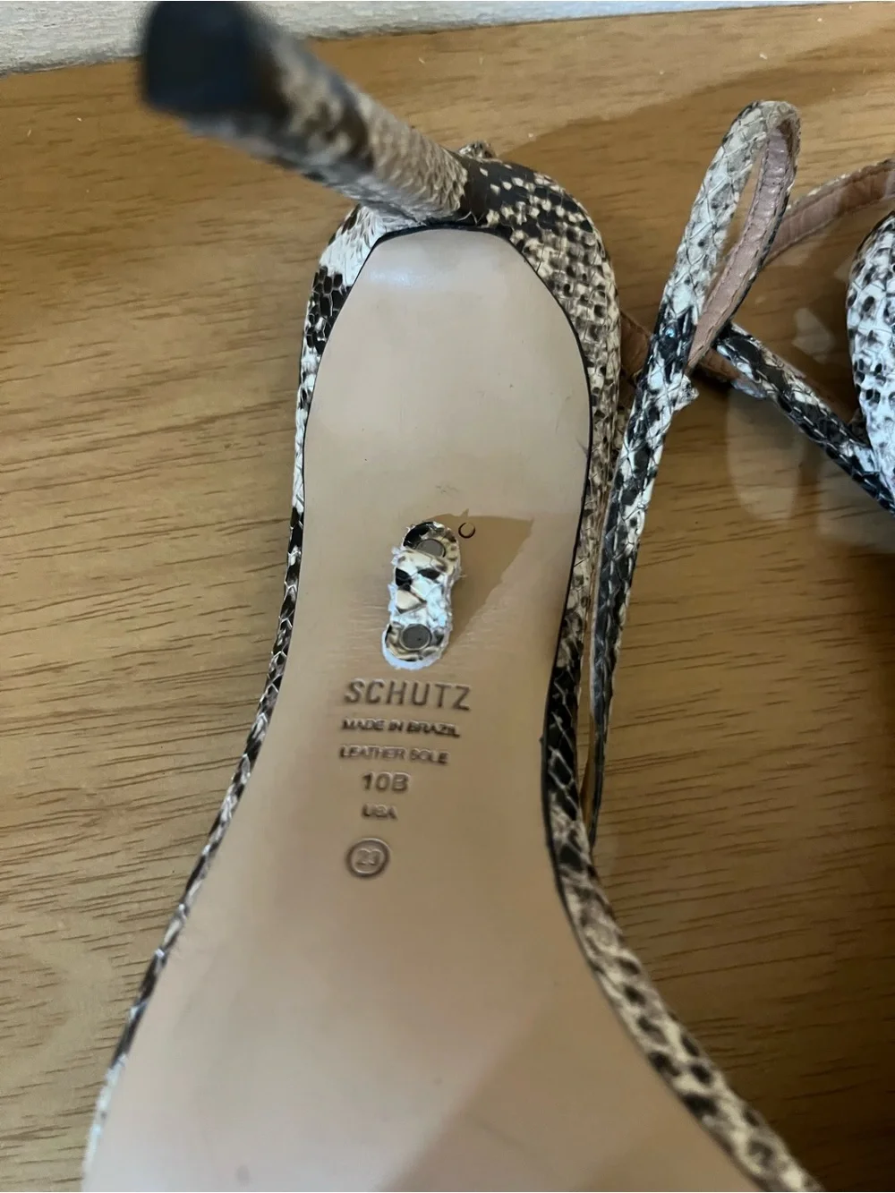 SCHUTZ Snakeskin Print Strappy Heels in Black and Cream